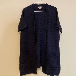 Mossimo Supply Jrs XL Long Navy Short Sleeve Ribbed Open Front Cardigan, Pockets